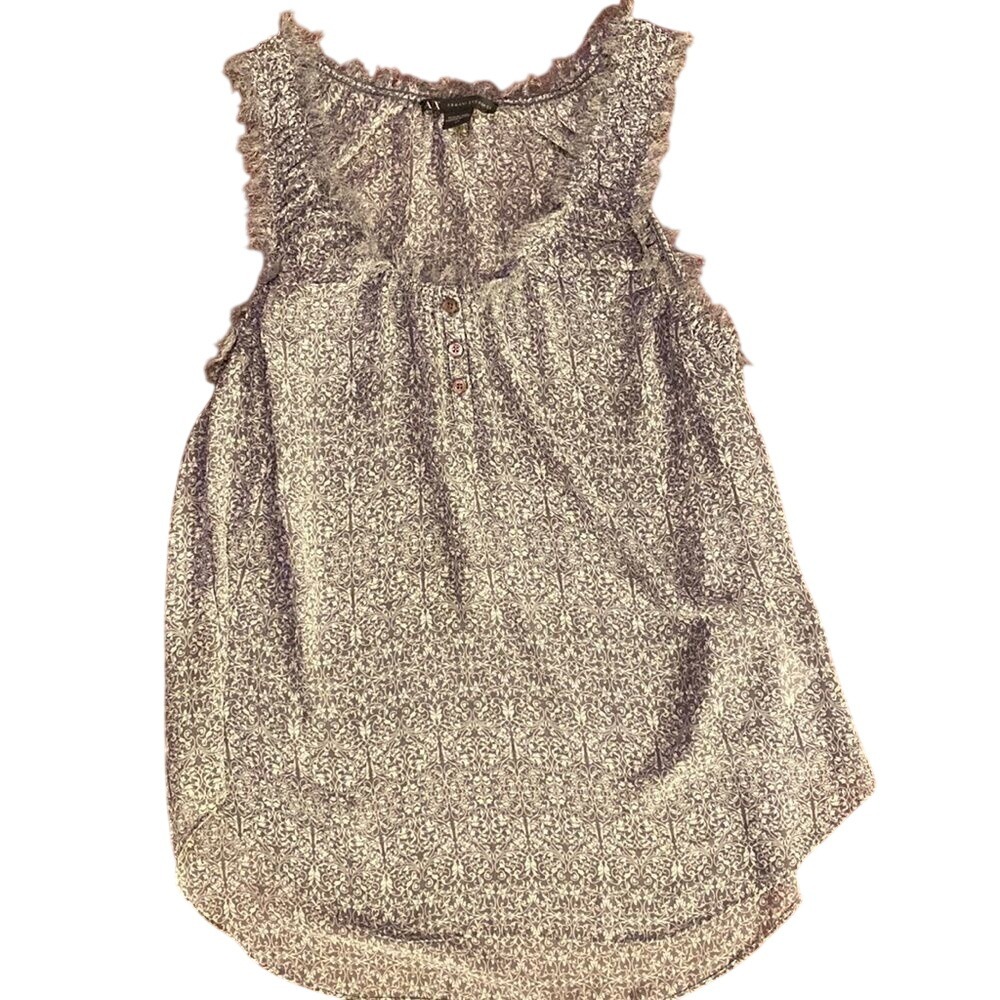 Armani Exchange Grey Scroll Print Fringe Trim Henley Sleeveless Blouse Small